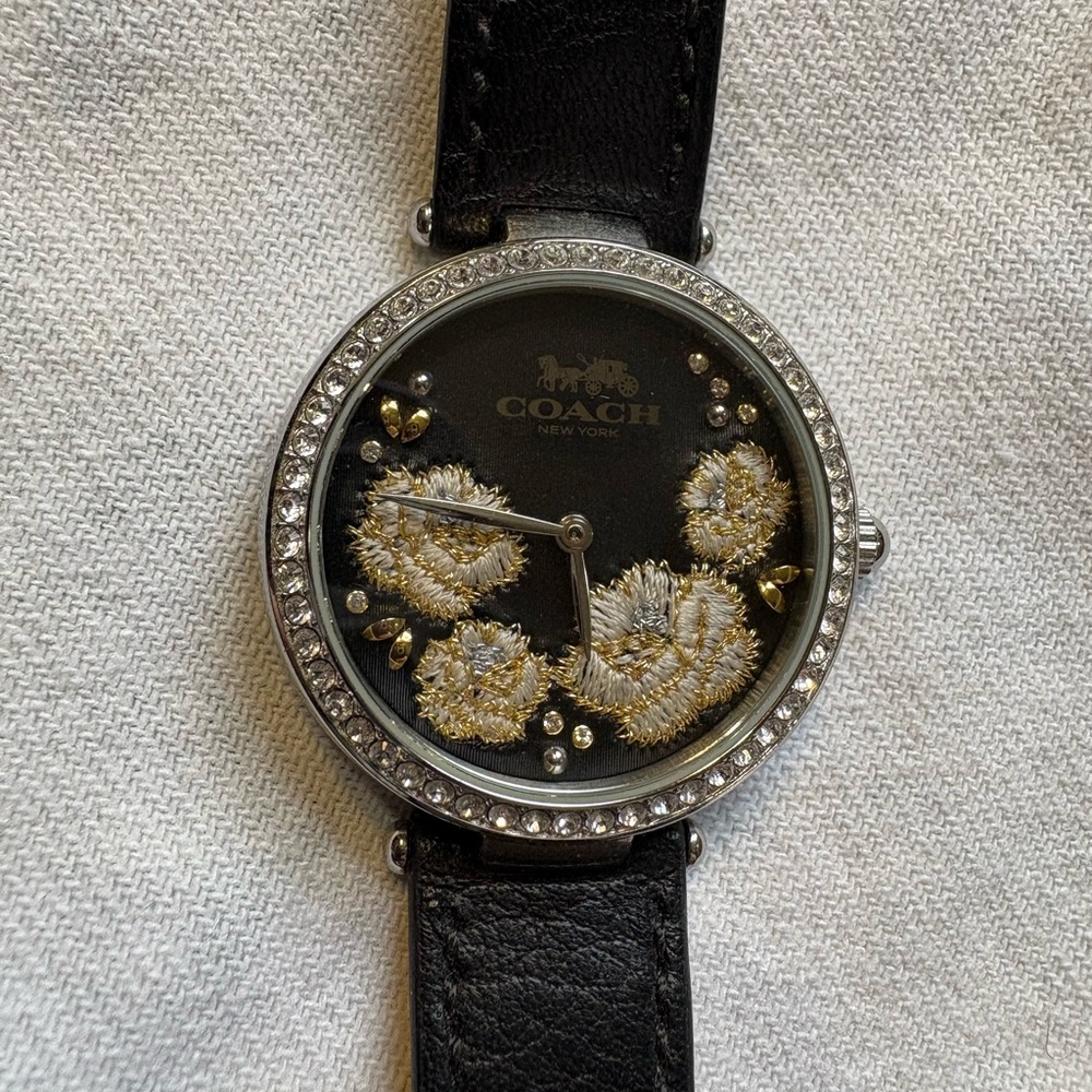 Coach Black and Gold Watch with Decorative Dial and Rhinestone Bezel